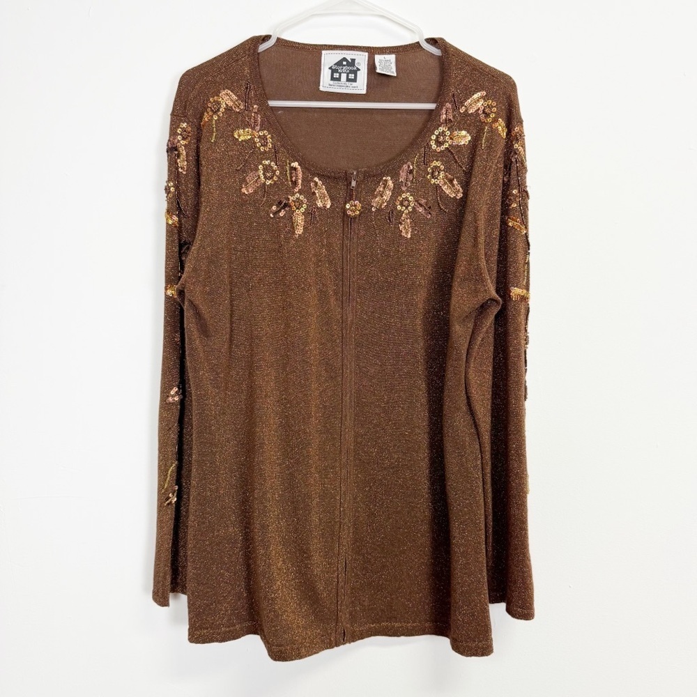 Storybook Knits Sweater Womens Large Brown Metallic Sequin Floral Zip Jacket